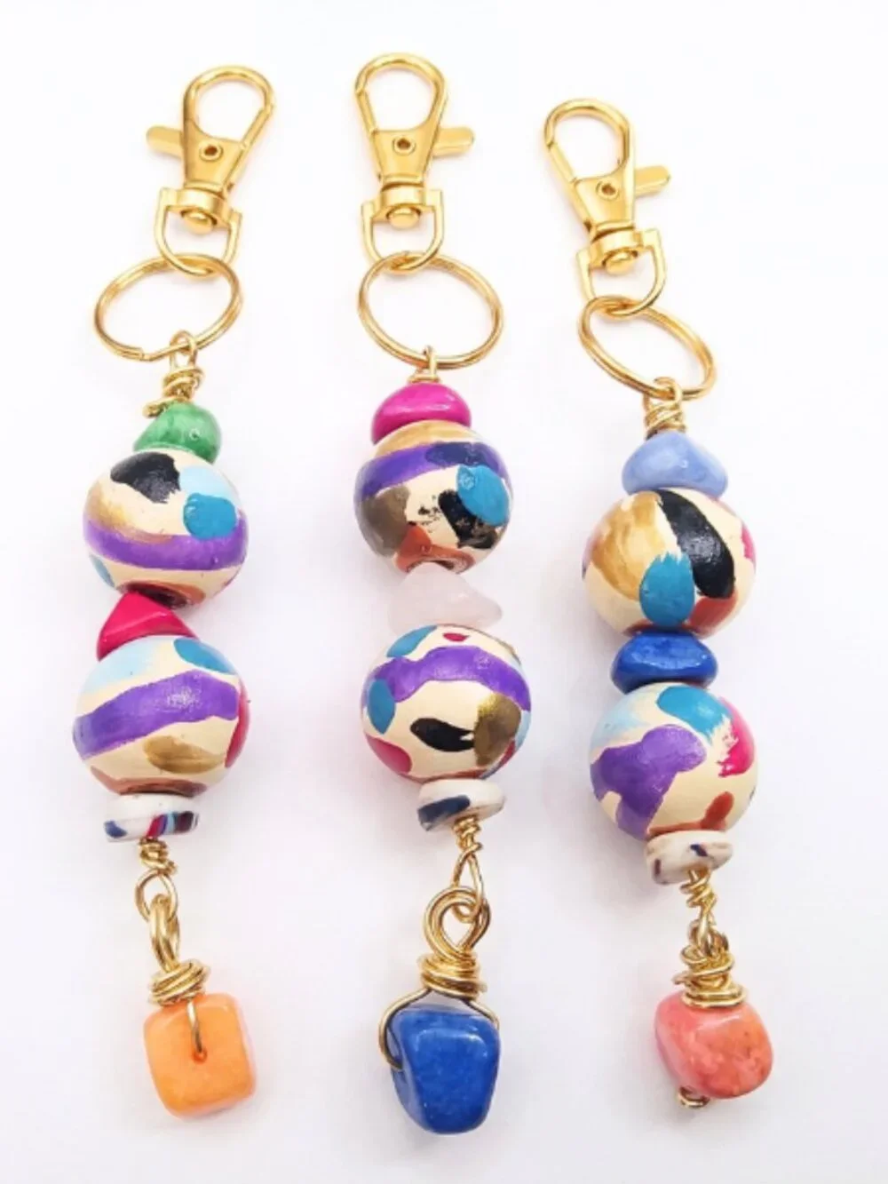 Handmade Colorful Wood Bead Keychain | Abstract Painted Beads | Wire Wrapped
